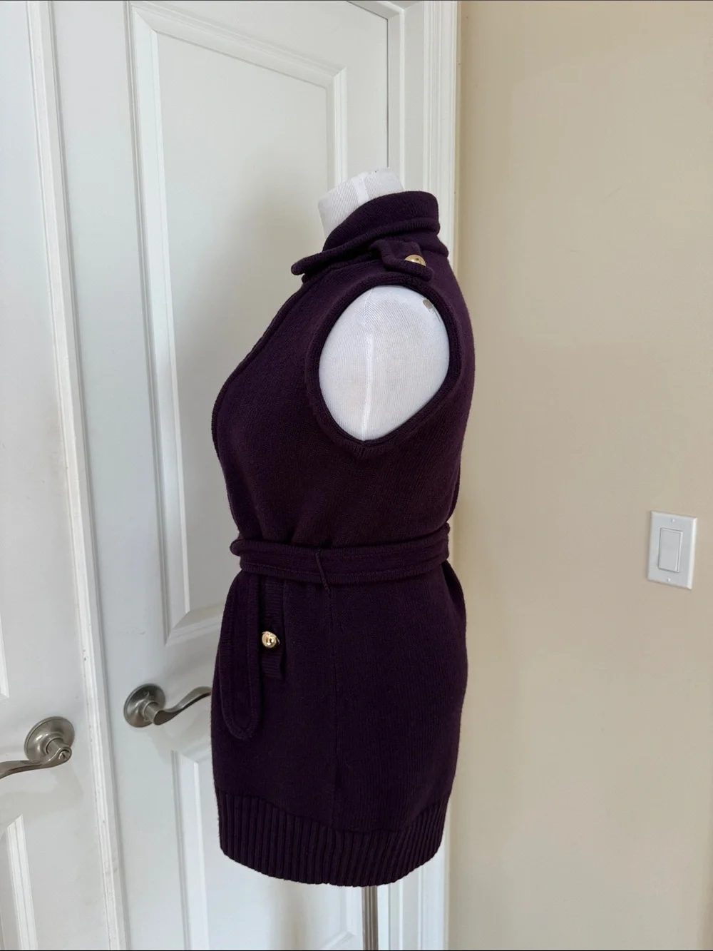 Tory Burch Purple Belted Zip Front 100% Merino Wool Sweater Vest Cardigan Large